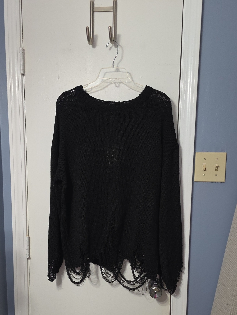easel Black Distressed Open-Knit Crewneck Sweater